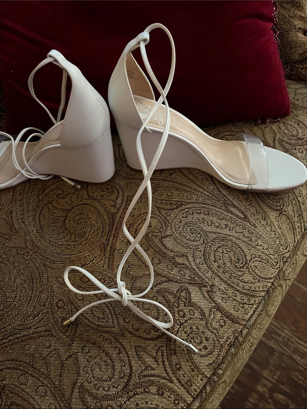 Vince Camuto White Lace-Up Clear-Strip Wedge Sandals - Picture 4 of 5